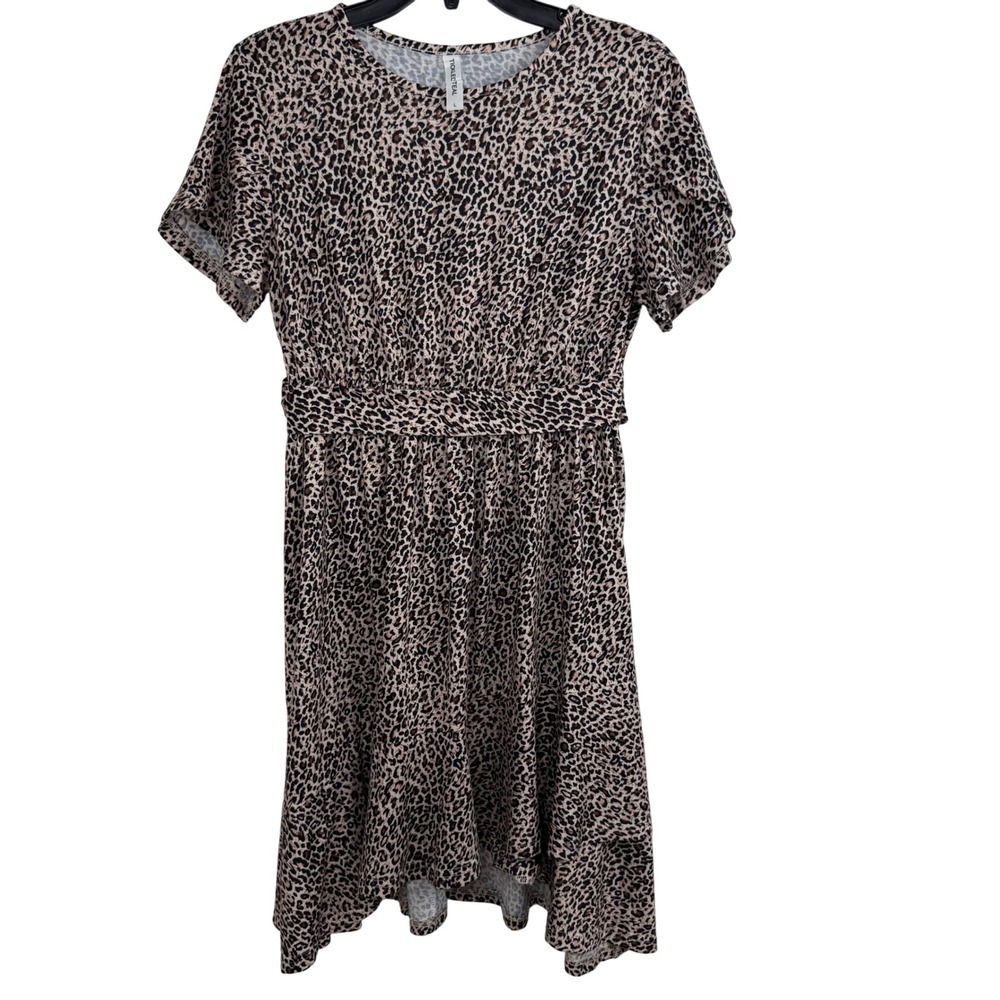 Tickled Teal‎ Leopard Print Midi Dress Size L Brown Short Sleeve Stretchy Belted